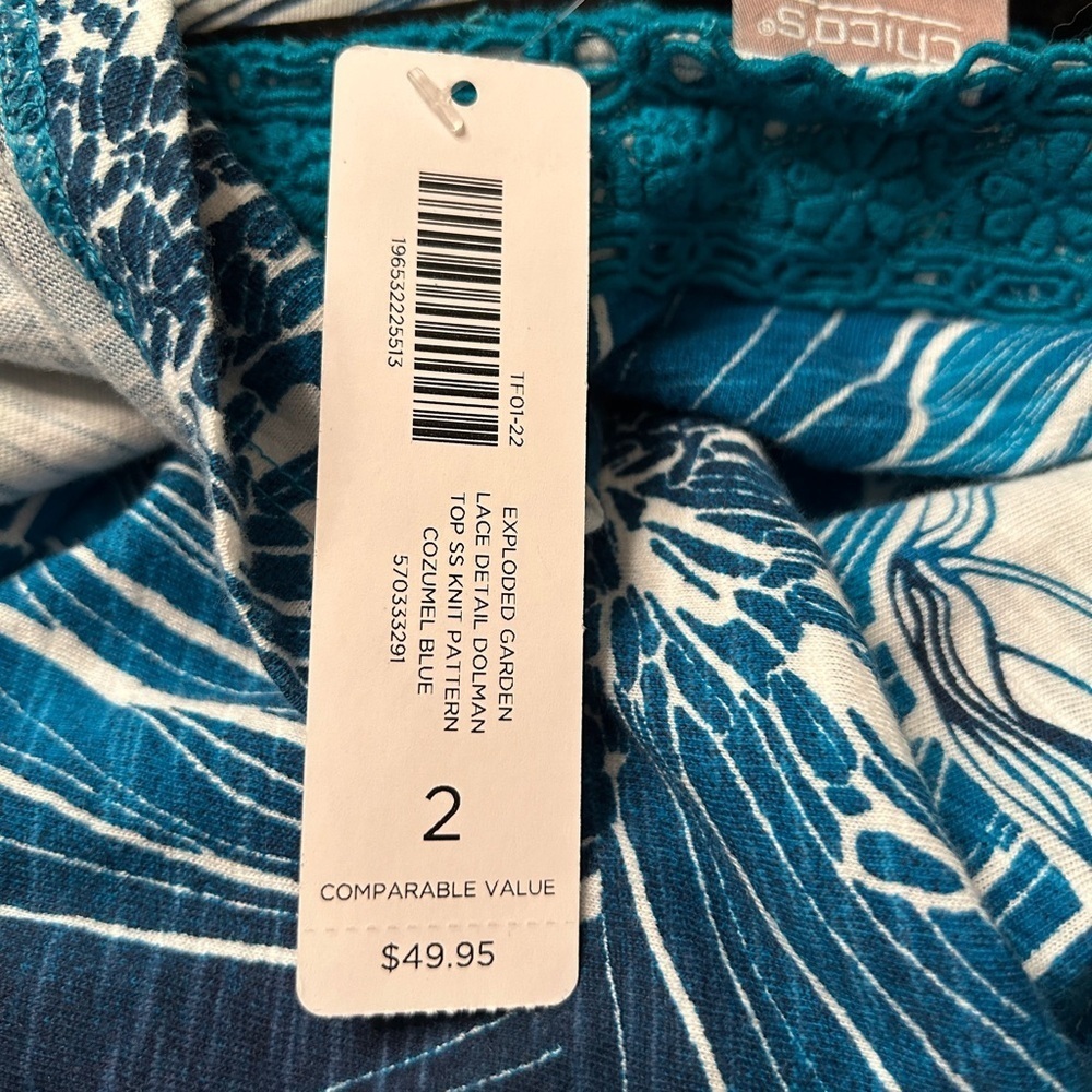 Chico's Size 2 Exploded Garden Lace-Trim Dolman Top in
Cozumel Blue, NWT - Picture 7 of 12